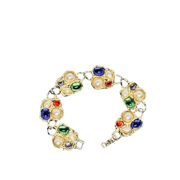 Chunky Gold Tone, Faux Pearl, Rhinestones & Cabochons Link Bracelet (5395) - Picture 4 of 5